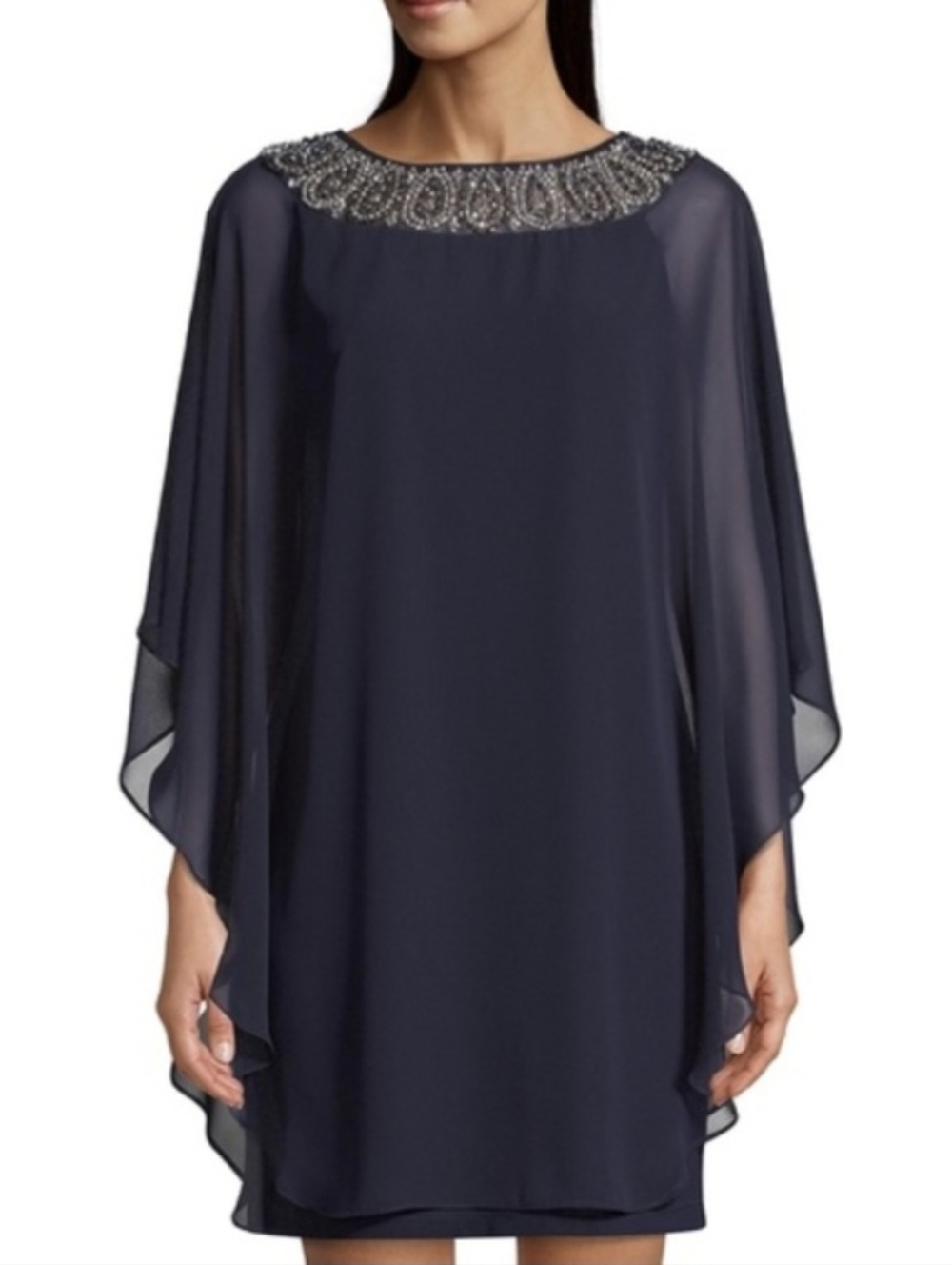 XSCAPE Women's Beaded Chiffon Capelet Dress 22W Navy Blue Wedding Mom of Bride